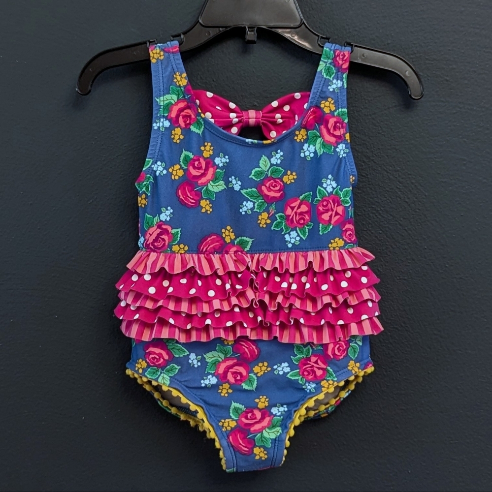 Matilda Jane Blue & Pink Floral Ruffle One Piece Swimsuit - 2T